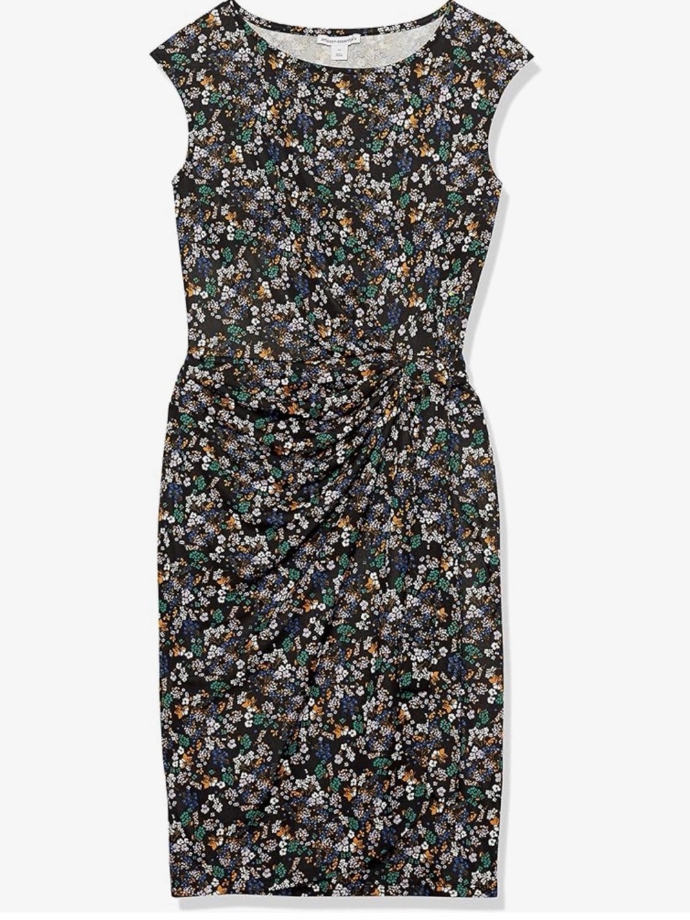 Amazon Essentials - Cap Sleeve Boat-Neck Faux Wrap Dress - Black Ditsy - L